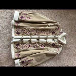 Vintage Style Embroidered Fleece Trim Coat, genuine leather outer